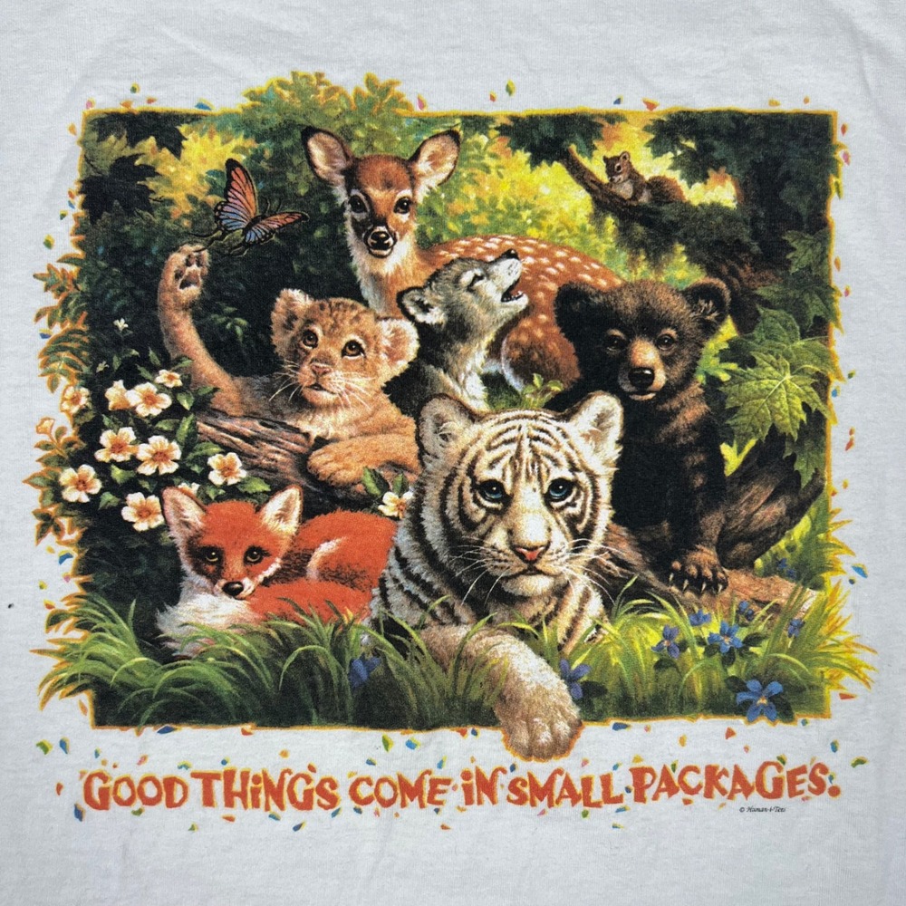 Vintage 90s Baby Animals T-Shirt Mens XL White Nature Fox Bear Deer Tiger Wolf